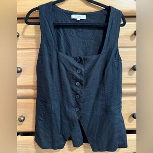 LOFT Black Button-Front Linen Top